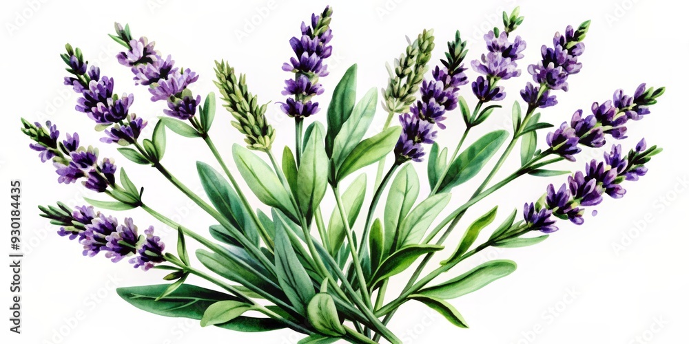 Fototapeta premium Delicate lavender sprigs in soft purple and green hues dance across a crisp white background in a whimsical watercolor illustration evoking serenity and elegance.