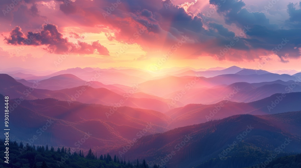 Hills bathed in sunset light with dramatic sky (focus on, serene atmosphere, whimsical, Multilayer, Scenic overlook) Hills bathed in sunset light with dramatic sky (focus on, serene atmosphere, whimsical, Multilayer, Scenic overlook)