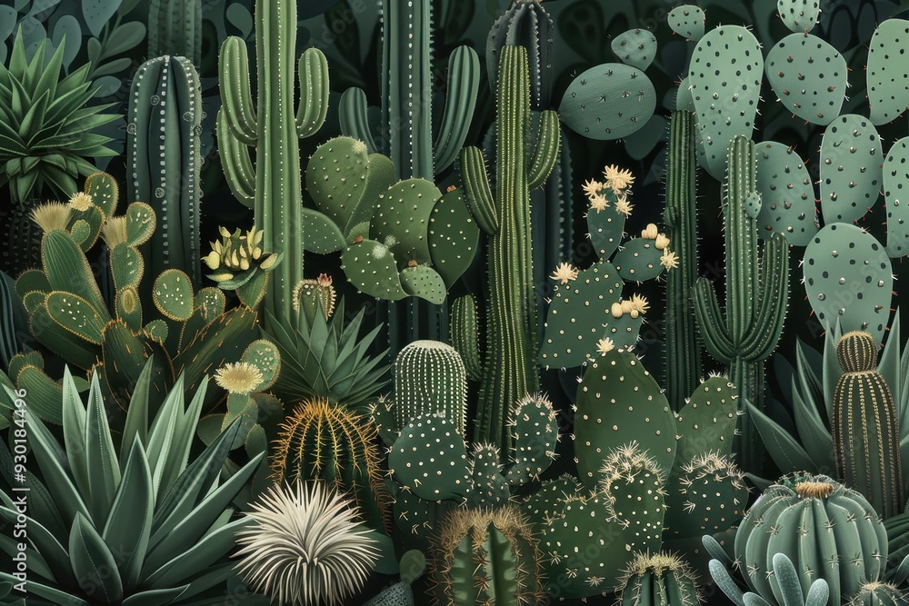 Fototapeta premium A detailed print of different types of cacti, highlighting their unique shapes, spines, and occasional flowers.