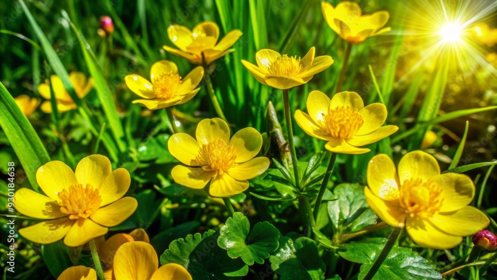 Vibrant yellow petals of buttercup flowers shine like tiny suns amidst lush green grass and delicate leaves in a serene natural landscape setting.