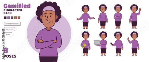 Simple flat black gamified female vector character in a set of multiple poses. Easy to edit and isolated on a white background. Modern trendy style character pack with lots of poses.