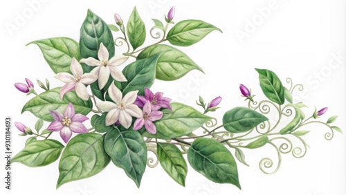 Delicate watercolor jasmine flower with curly jungle vines and lush green leaves isolated on a pure white background with a decorative border corner. photo