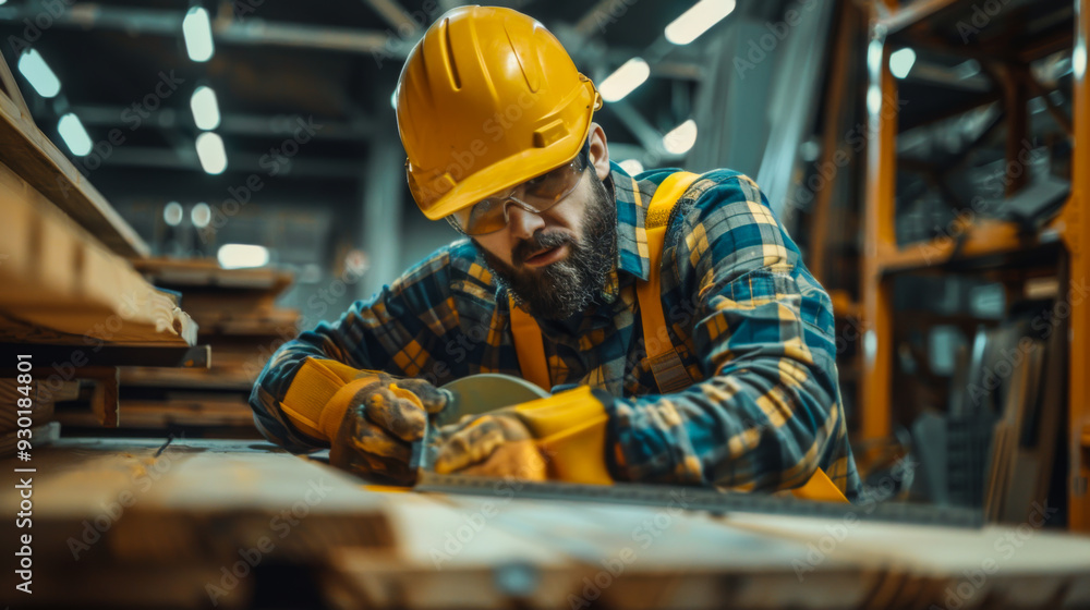 A male payer uses a level gauge while working in a woodworking workshop. A man carpenter in a yellow helmet and uniform works indoors. A male payer uses a level gauge while working in a woodworking workshop. A man carpenter in a yellow helmet and uniform works indoors.