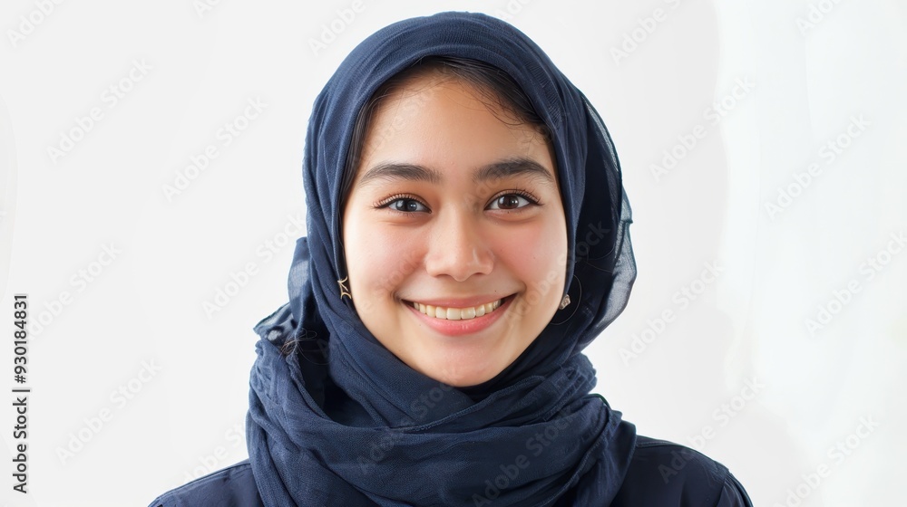 A smiling woman in a blue hijab stands confidently against a neutral background, radiating positivity and warmth A smiling woman in a blue hijab stands confidently against a neutral background, radiating positivity and warmth