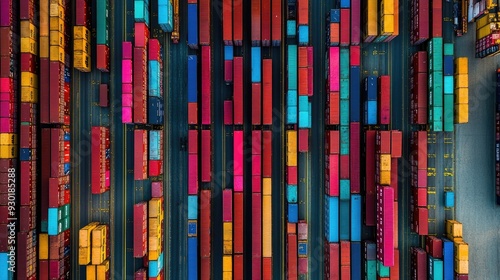 Overhead shot of shipping containers in various colors arranged neatly at a port, global trade.