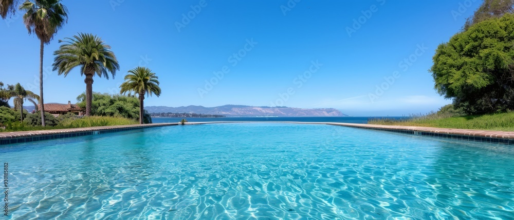 A sprawling blue swimming pool surrounded by palm trees Ocean and mountains viewed in distance A sprawling blue swimming pool surrounded by palm trees Ocean and mountains viewed in distance