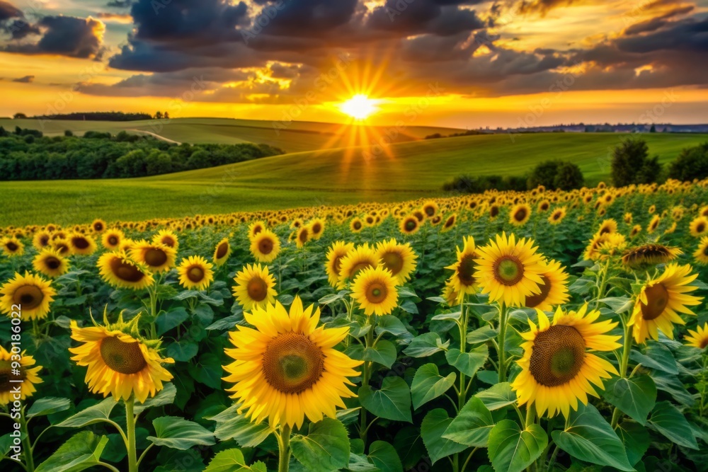 Fototapeta premium Golden sunflowers stretching towards the vibrant orange sky, set amidst a rolling landscape of green fields, bathed in warm light at serene sunset hour.