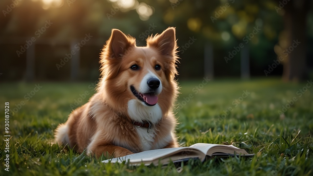 the beautiful dog reading book in the park very happy mode the beautiful dog reading book in the park very happy mode