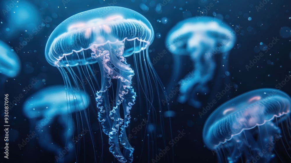 Jellyfish swimming in dark ocean with soft glow (focus on, serene movement, dynamic, Overlay, Ocean floor)