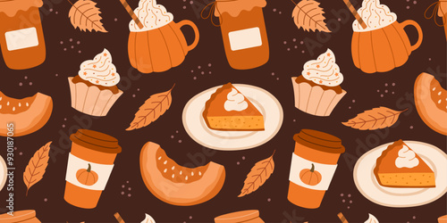 Autumn pattern with pumpkin pie, food, leaves, coffee