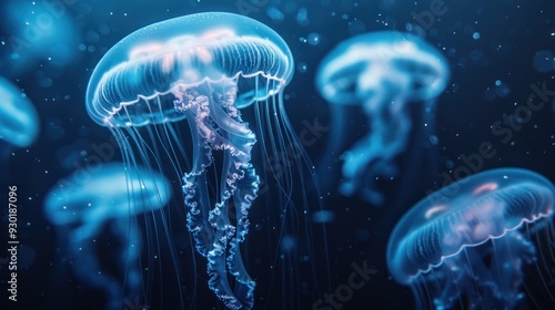 Obraz na płótnie Jellyfish swimming in dark ocean with soft glow (focus on, serene movement, dynamic, Overlay, Ocean floor) w salonie