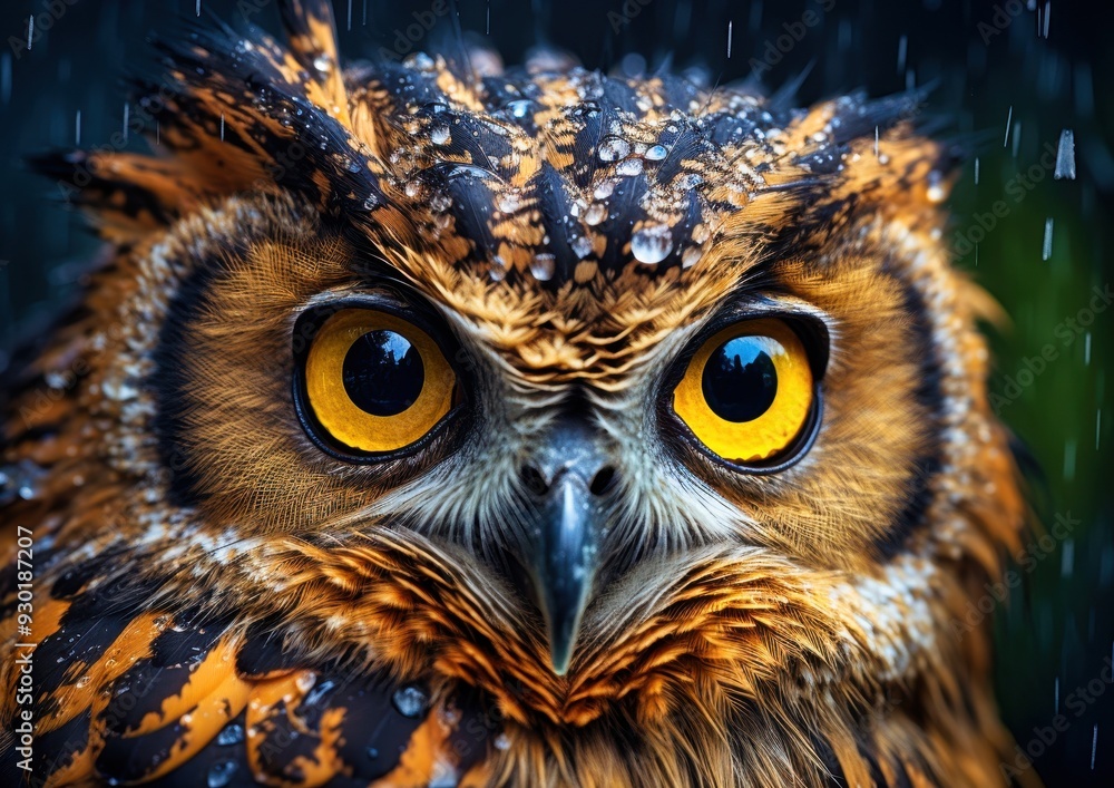 Majestic owl with striking yellow eyes perched in the shadows at twilight Majestic owl with striking yellow eyes perched in the shadows at twilight