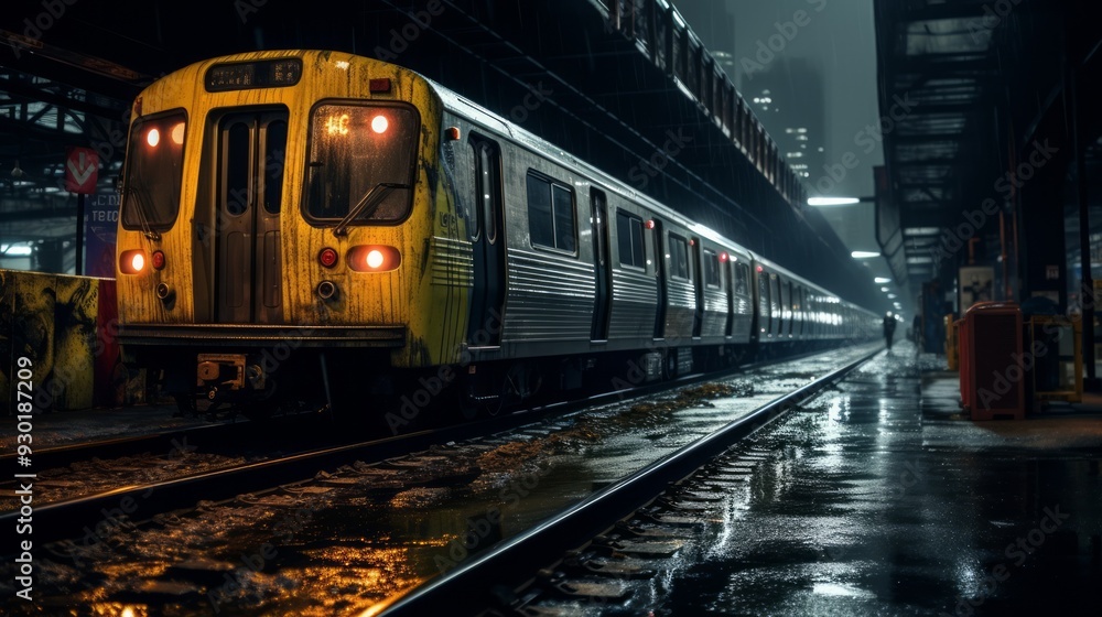 Commuter train at metro railway station at night. Neural network ai generated art Commuter train at metro railway station at night. Neural network ai generated art