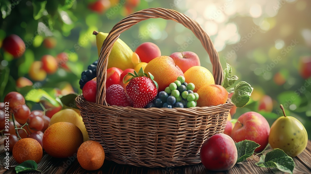 Fresh Fruit Basket in a Sunny Orchard. Fresh Fruit Basket in a Sunny Orchard.