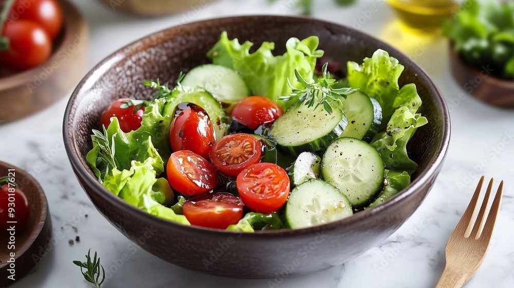 A vibrant salad of lettuce, tomatoes, and cucumbers, drizzled with olive oil and balsamic vinegar. A vibrant salad of lettuce, tomatoes, and cucumbers, drizzled with olive oil and balsamic vinegar.