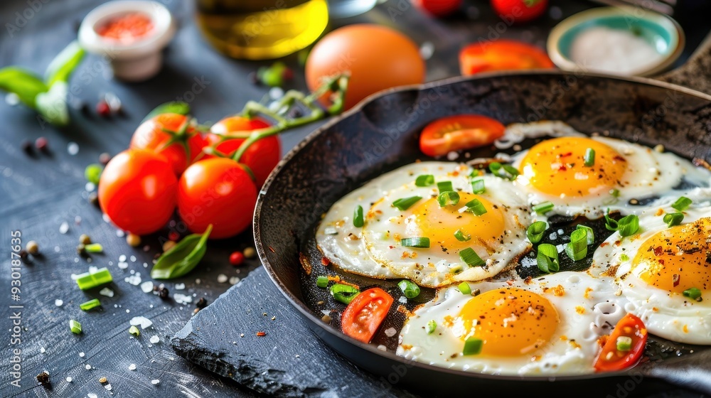 A vibrant breakfast with sunny-side-up eggs and fresh tomatoes prepared in a cozy kitchen A vibrant breakfast with sunny-side-up eggs and fresh tomatoes prepared in a cozy kitchen