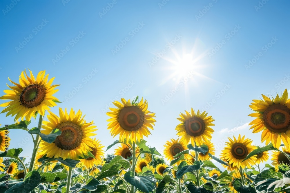 Obraz premium A field of sunflowers facing the sun, their bright yellow heads creating a sea of gold under a clear blue sky.