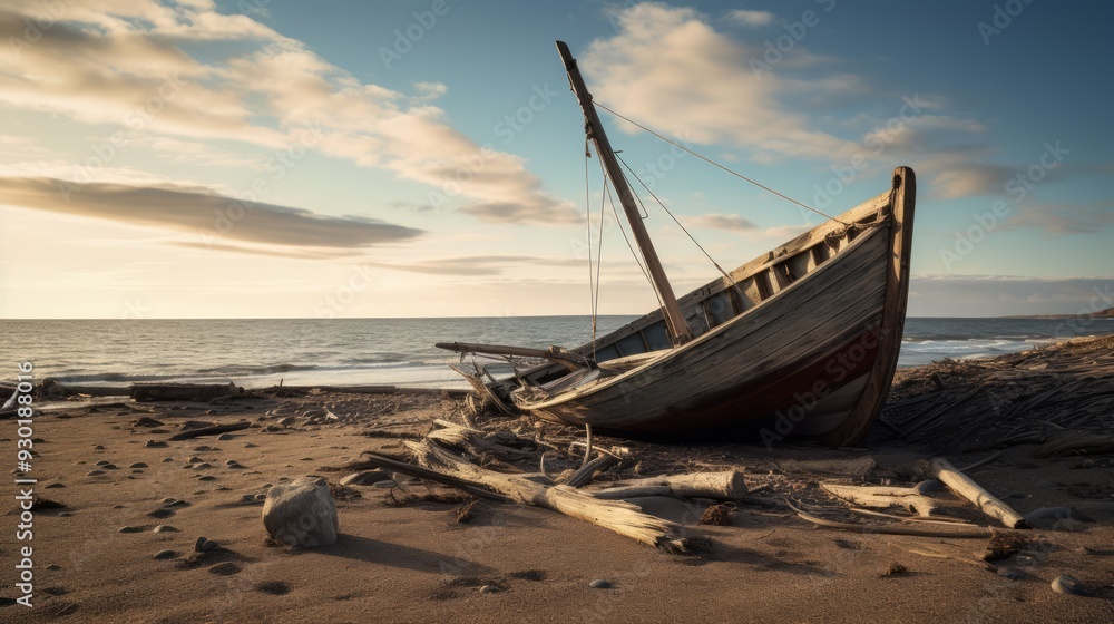 A view of the ruins of a wooden sailing boat in the old harbour. Neural network ai generated art A view of the ruins of a wooden sailing boat in the old harbour. Neural network ai generated art
