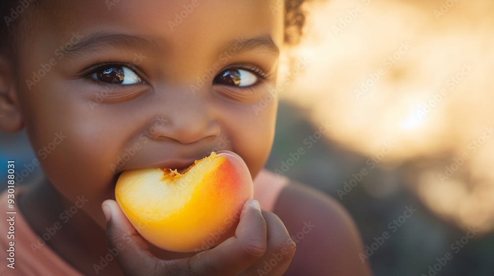 African American black kid child, boy or girl eating biting fresh tropical fruit peach or apricot Healthy food Toddler enjoys sweet snack Summer breakfast Diet recipe School lunch Cute face Nutrition African American black kid child, boy or girl eating biting fresh tropical fruit peach or apricot Healthy food Toddler enjoys sweet snack Summer breakfast Diet recipe School lunch Cute face Nutrition