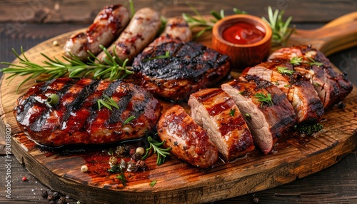 Grilled meats on a rustic wooden board garnished with herbs and dipping sauce