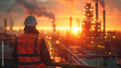 Man in safety vest and hard hat (copy space, safety first, vibrant, Blend mode, Oil refinery)