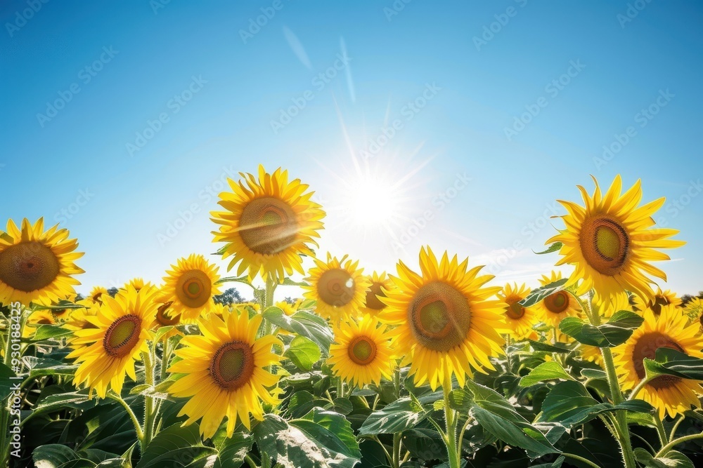 Fototapeta premium A field of sunflowers facing the sun, their bright yellow heads creating a sea of gold under a clear blue sky.