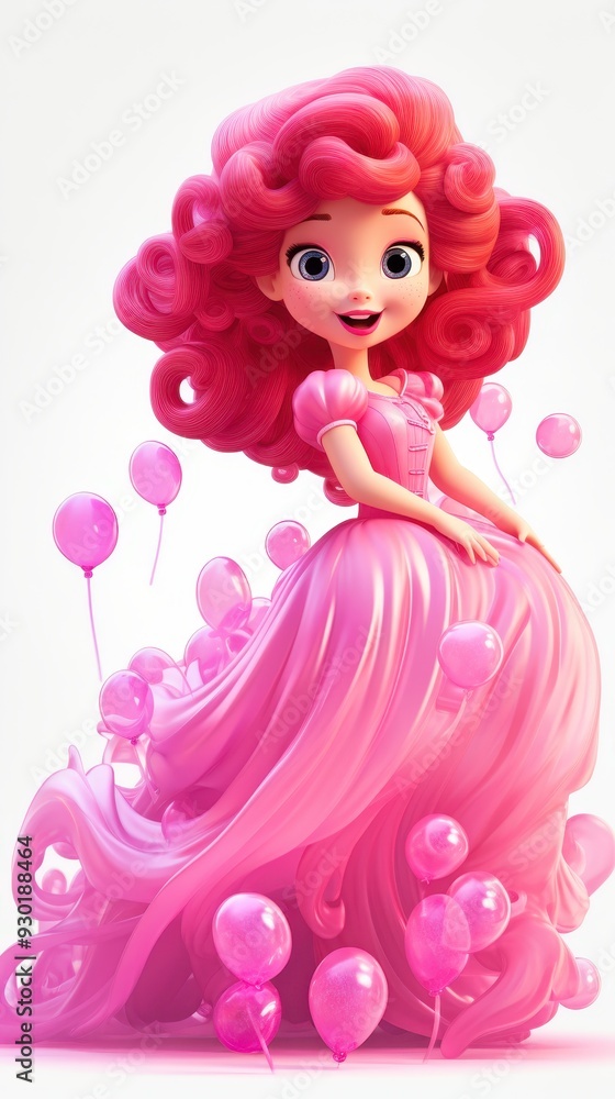 A whimsical princess with cascading pink curls in a flowing gown surrounded by floating petals A whimsical princess with cascading pink curls in a flowing gown surrounded by floating petals