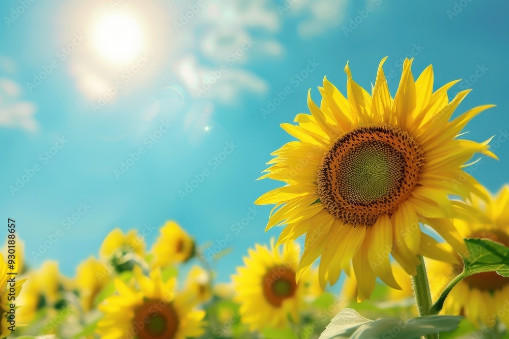 Obraz premium A field of sunflowers facing the sun, their bright yellow heads creating a sea of gold under a clear blue sky.