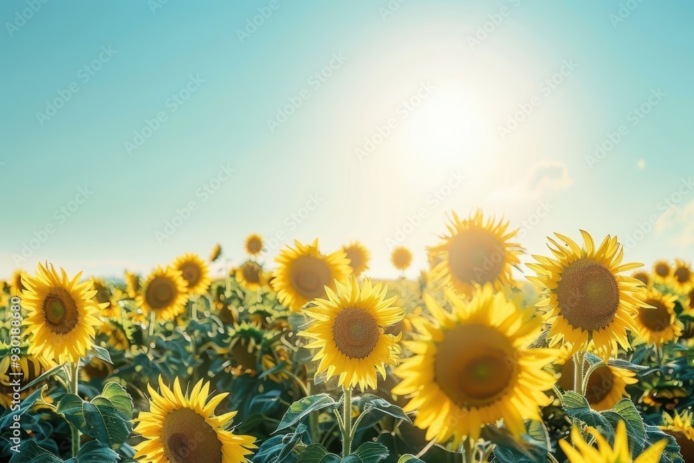 Obraz premium A field of sunflowers facing the sun, their bright yellow heads creating a sea of gold under a clear blue sky.