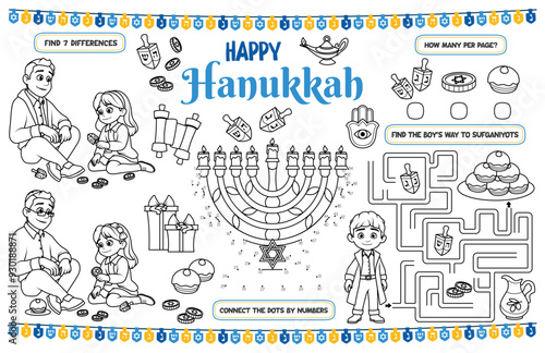 Festive placemat for children. Printable activity sheet "Happy Hanukkah" with a labyrinth, connect the dots, and a coloring page. 17x11 inch printable vector file