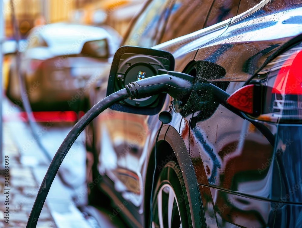Electric vehicle charging on a rainy street in an urban setting at dusk Electric vehicle charging on a rainy street in an urban setting at dusk