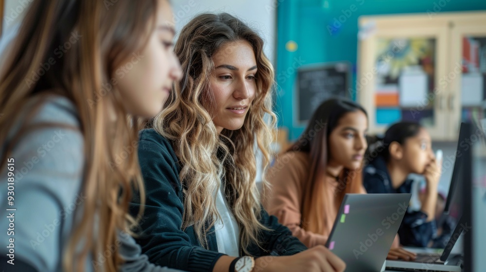 A female teacher assists a young girl with a laptop in a classroom full of engaged students A female teacher assists a young girl with a laptop in a classroom full of engaged students