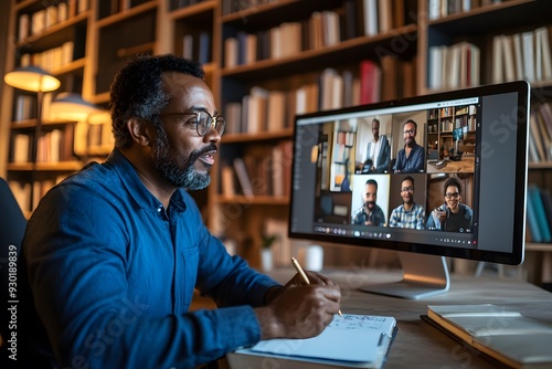 A man wearing a blue shirt and glasses is sitting in front of his computer,