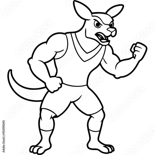 A ferocious angry kangaroo athlete posing line art vector illustration