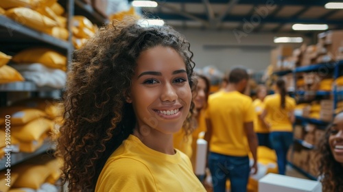 Smiling Multiracial Woman Volunteer During Warehouse Charity Event for Community Support. Generative ai