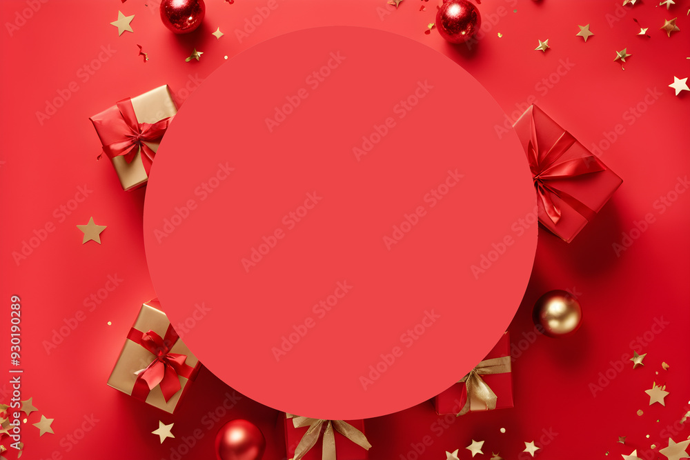 Top view layout of blank red circle paper on red and gold giftbox adorned red gold balls and star paper confetti on red background Top view layout of blank red circle paper on red and gold giftbox adorned red gold balls and star paper confetti on red background