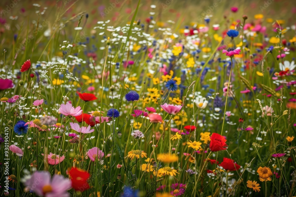 A field of wildflowers in full bloom, with a mix of colors and types creating a vibrant, natural tapestry A field of wildflowers in full bloom, with a mix of colors and types creating a vibrant, natural tapestry