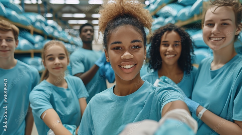 Diverse Multiracial Group of Volunteers in Warehouse Setting, Smiling and Promoting Community Service. Generative ai Diverse Multiracial Group of Volunteers in Warehouse Setting, Smiling and Promoting Community Service. Generative ai