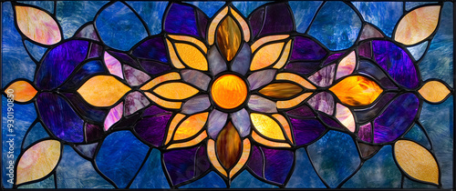 "Stained Glass Art with Symmetrical Blue and Purple Design"