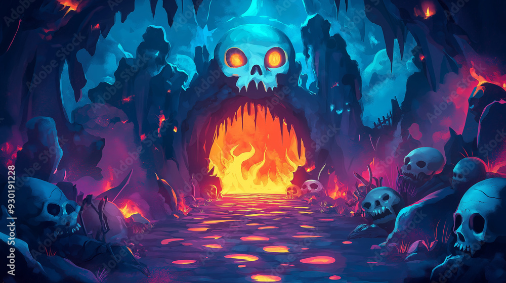 Obraz premium Fiery cave entrance with a skull-like archway, surrounded by skulls and glowing embers.