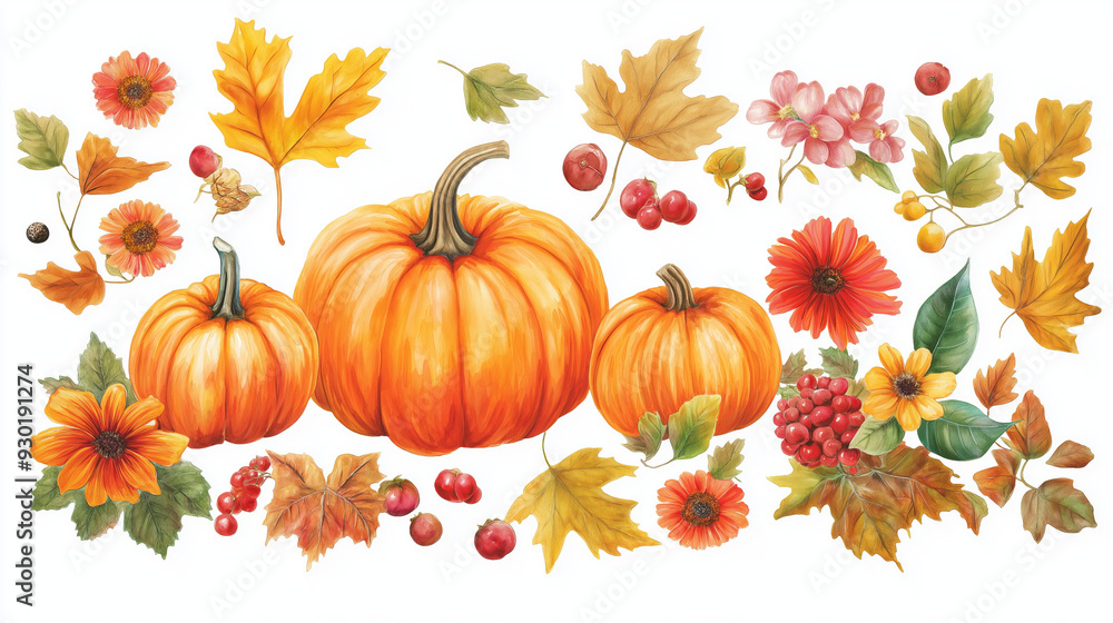 Three pumpkins, fall leaves, flowers, and berries against a white background. Three pumpkins, fall leaves, flowers, and berries against a white background.