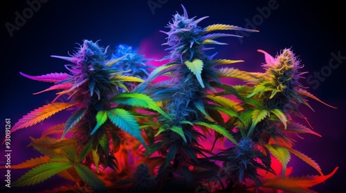 Wallpaper Mural Leaves of a cannabis plant close up. Colored pink leaf of medical marijuana on a dark background. Neural network ai generated art Torontodigital.ca