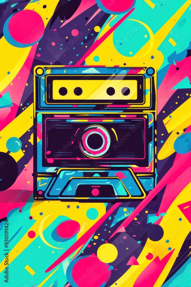 Fototapeta premium Colorful cassette tape sitting on vibrant abstract background during a creative art session