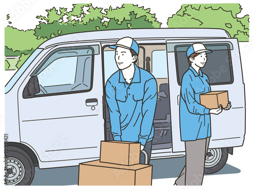 車の前で段ボール箱を台車で運ぶ配送ドライバーの男性と女性