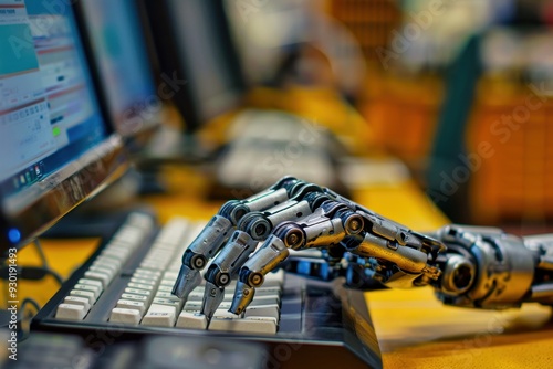 Robotic hand typing on a laptop keyboard in a modern workspace during the day