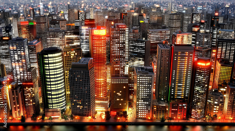 Aerial night view of a modern city skyline with illuminated skyscrapers. Aerial night view of a modern city skyline with illuminated skyscrapers.
