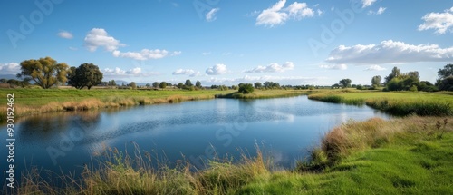  A body of water encircled by a lush, green field with tall grass on either side