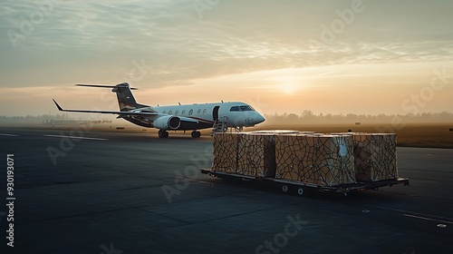 At sunrise, an airplane sits on the tarmac as a cargo truck pulls up, ready to load essential goods for transport. photo