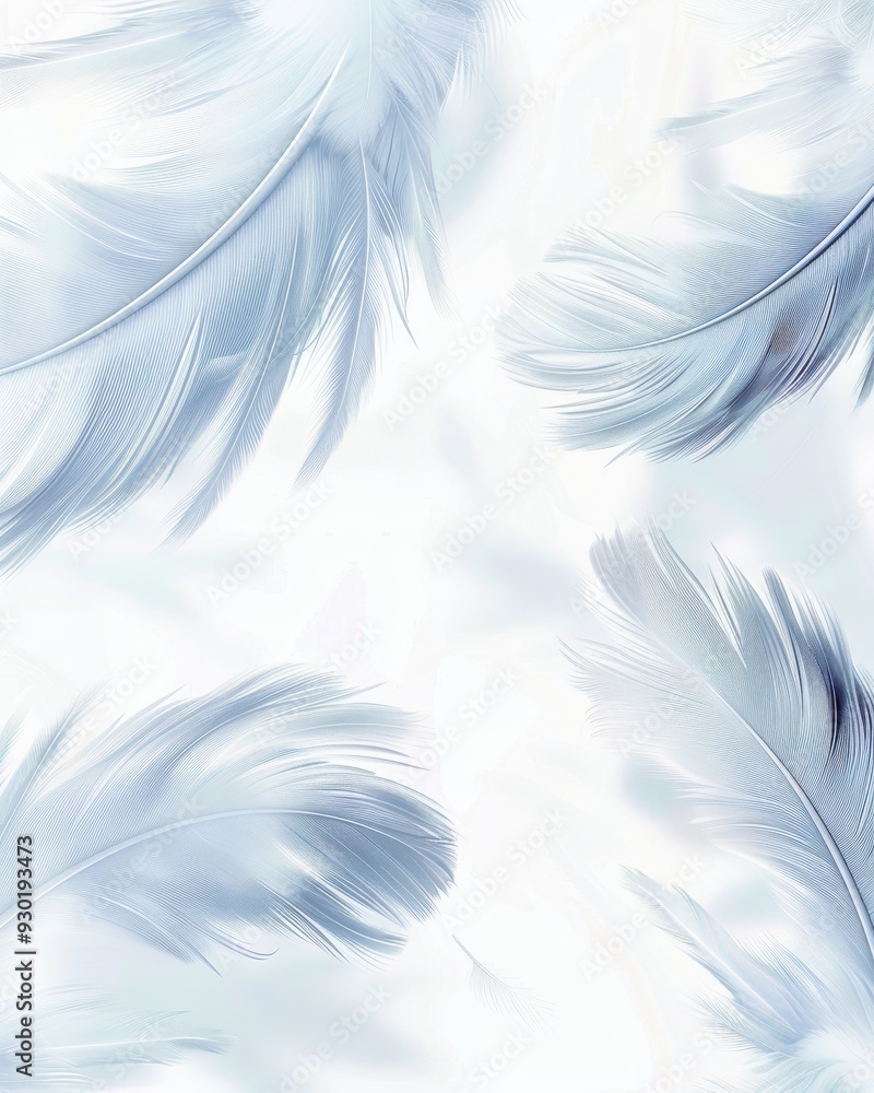 Obraz premium Soft blue feathers delicately drifting against a subtle white background in tranquil light