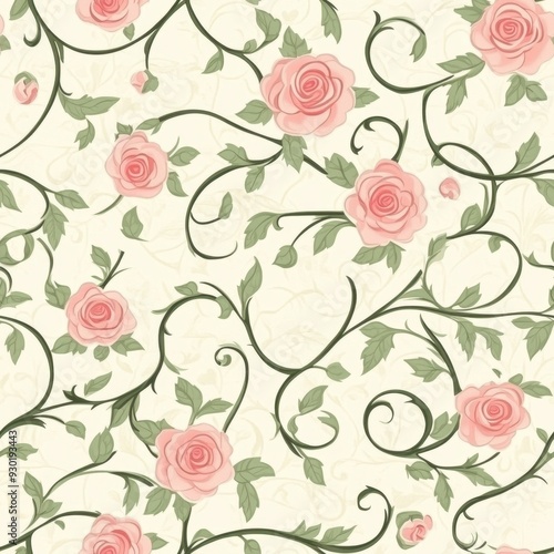 Elegant Seamless Floral Wallpaper with Pink Roses and Vines